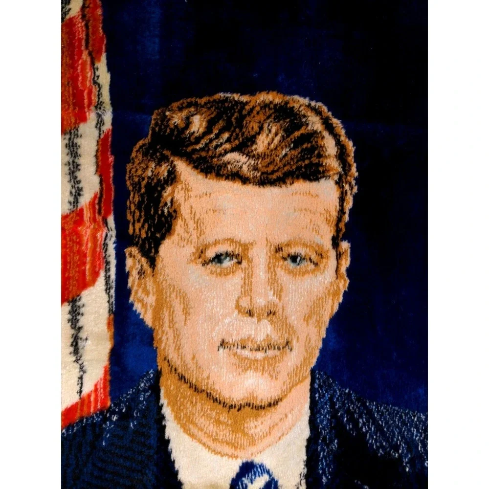 John F Kennedy Home 24x46 JFK Portrait Woven Tapestry Blue Vintage Y2K